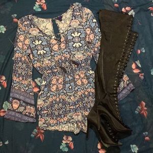 Floral Long Sleeve Lace Up Romper